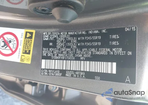 2015 Toyota Highlander Limited V6 из США, поврежденный, VIN 5TDDKRFH9FS156556